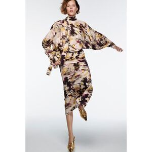 ZARA Printed Retro Bow Tie Midi Dress NWT XS‎